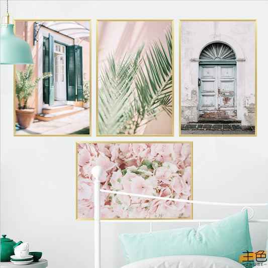 Pembe Çiçekli Bohem Tarz Çerçeve görünümlü Minimalist Tablo Duvar Dekorasyon Sticker Set