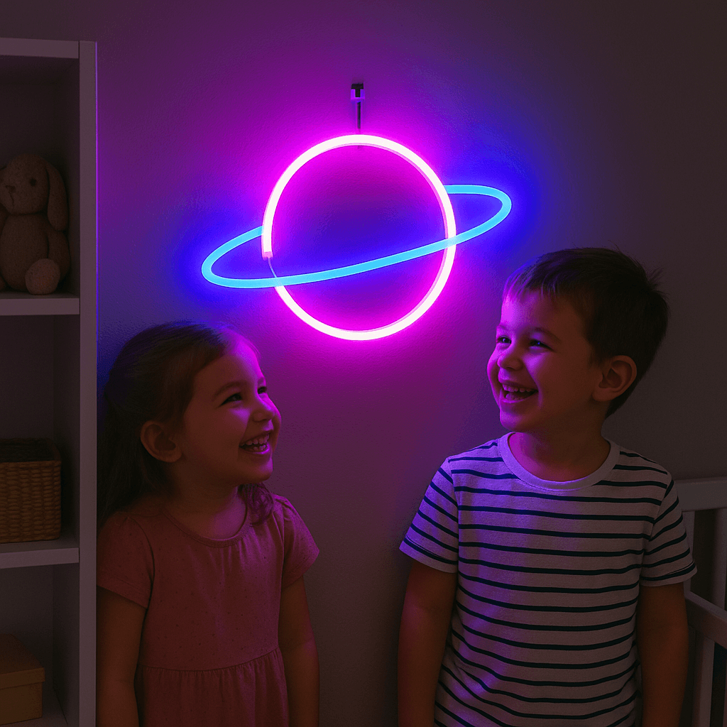 Neon Renkli Işıklı Satürn Pilli ve Usbli Çocuk Odası Duvar Gece Lambası