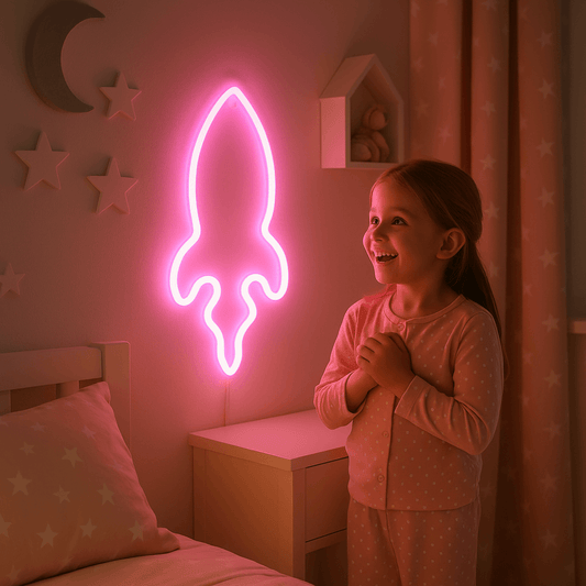 Neon Renkli Pembe Roket Pilli ve Usbli Çocuk Odası Duvar Gece Lambası