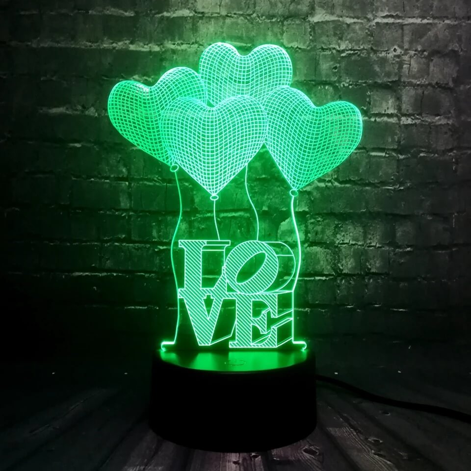 3D Üç Boyutlu Kalpli Balonlar Ve Love Gece Masa Lambası Renk Değiştiren Sevgiliye Hediye Led Işıklı