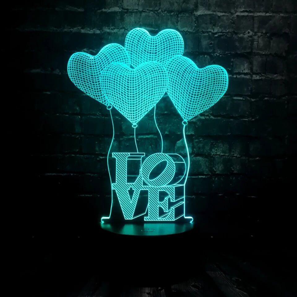 3D Üç Boyutlu Kalpli Balonlar Ve Love Gece Masa Lambası Renk Değiştiren Sevgiliye Hediye Led Işıklı