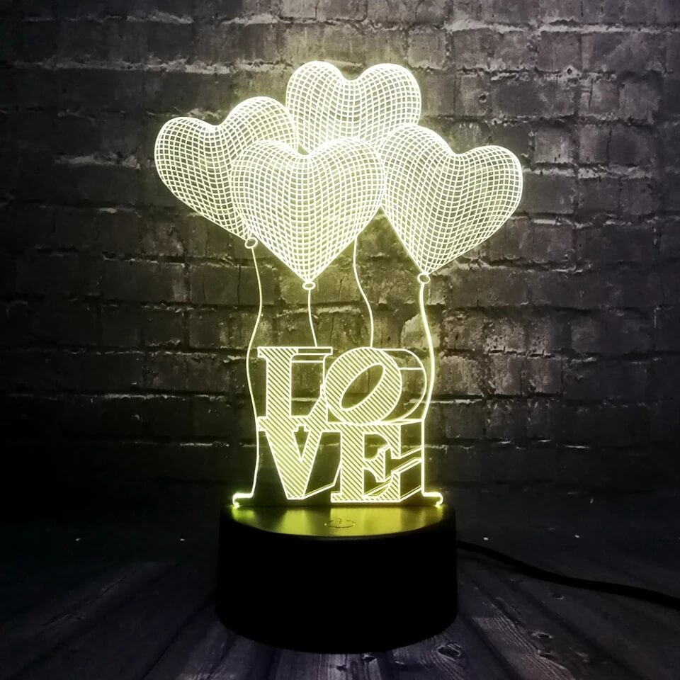 3D Üç Boyutlu Kalpli Balonlar Ve Love Gece Masa Lambası Renk Değiştiren Sevgiliye Hediye Led Işıklı