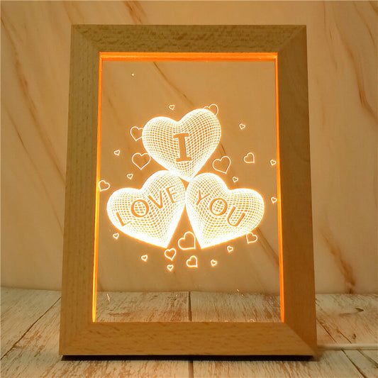Ahşap 3D Üç Boyutlu I Love You Çerçeve Gece Masa Lambası Sevgiliye Hediye