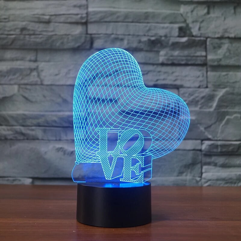 3D Üç Boyutlu Kalpli Love Gece Masa Lambası Renk Değiştiren Sevgiliye Hediye Led Işıklı