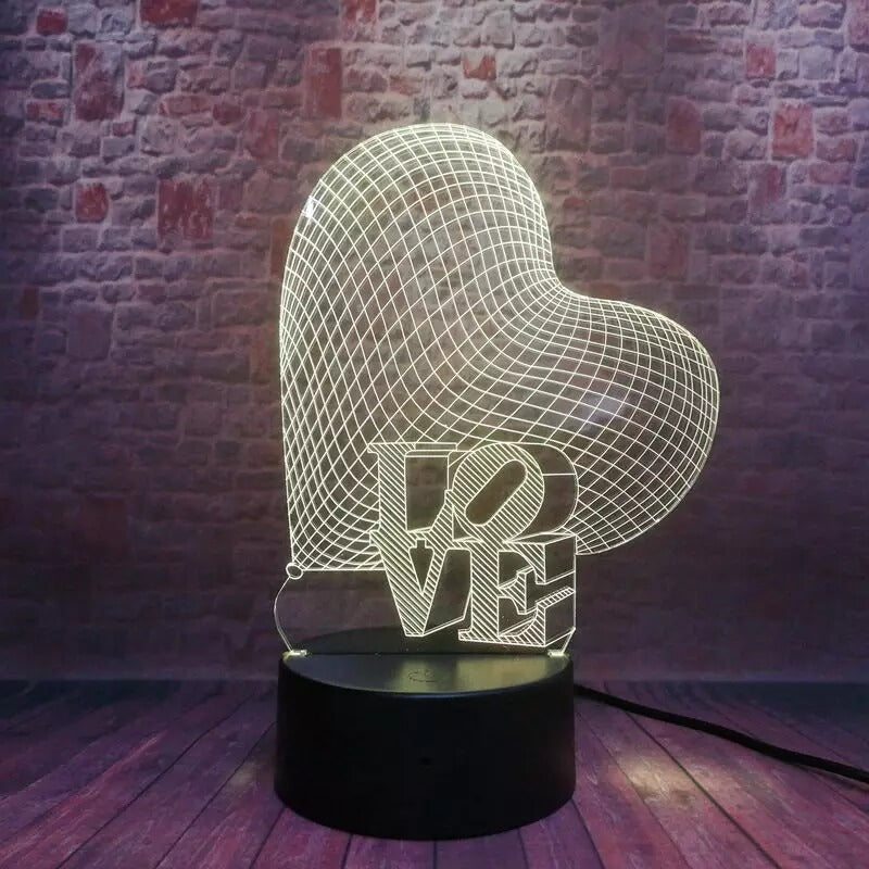 3D Üç Boyutlu Kalpli Love Gece Masa Lambası Renk Değiştiren Sevgiliye Hediye Led Işıklı
