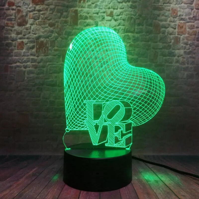 3D Üç Boyutlu Kalpli Love Gece Masa Lambası Renk Değiştiren Sevgiliye Hediye Led Işıklı