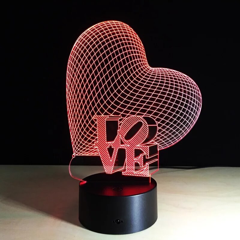 3D Üç Boyutlu Kalpli Love Gece Masa Lambası Renk Değiştiren Sevgiliye Hediye Led Işıklı