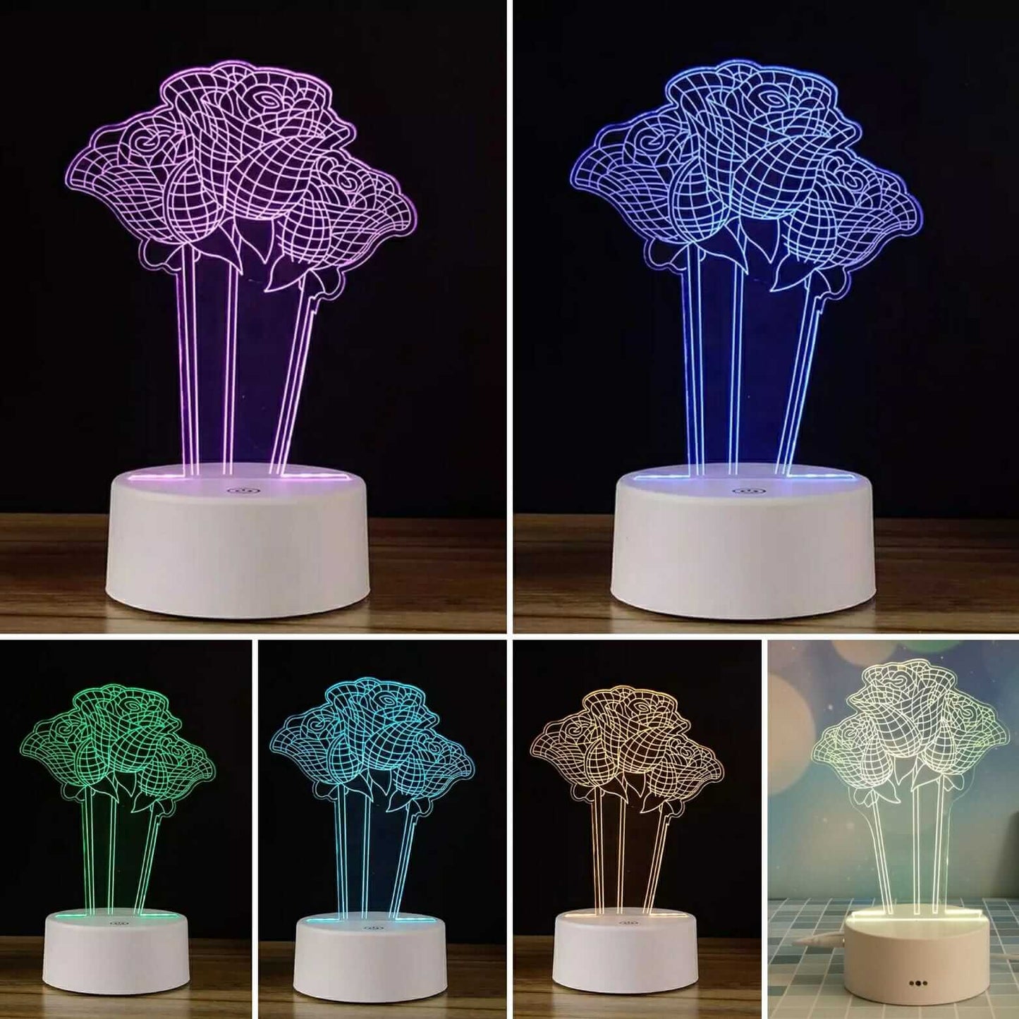 3D Üç Boyutlu Güllü Gece Masa Lambası Renk Değiştiren Sevgiliye Hediye Led Işıklı