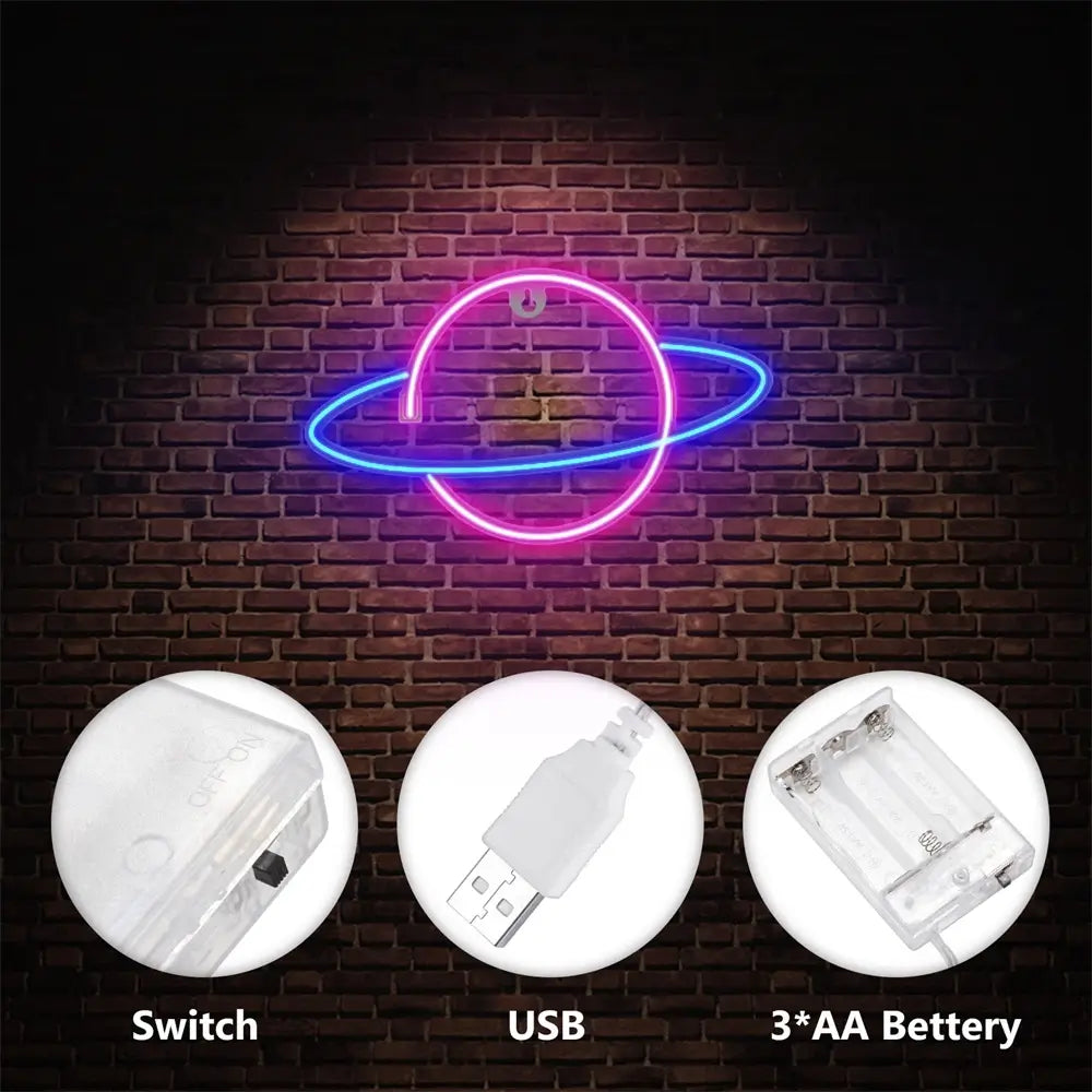Neon Renkli Işıklı Satürn Pilli ve Usbli Çocuk Odası Duvar Gece Lambası