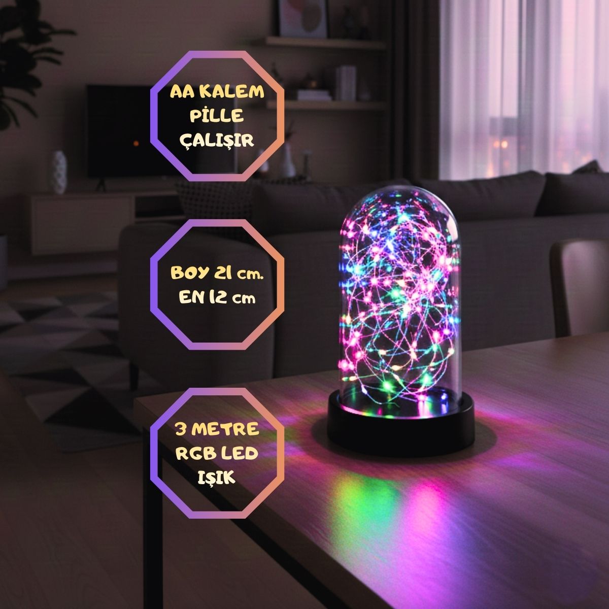 Led Işıklı Ters Fanus 3 Metre Peri Tel ile Birlikte Rgb Renkli Teraryum Dekoratif Organizasyon Süsleme Hediye