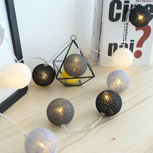 2 Metre Led Işıklı Siyah Beyaz Gri İpli Toplar Çocuk Odası Aydınlatma Organizasyon Süsleme