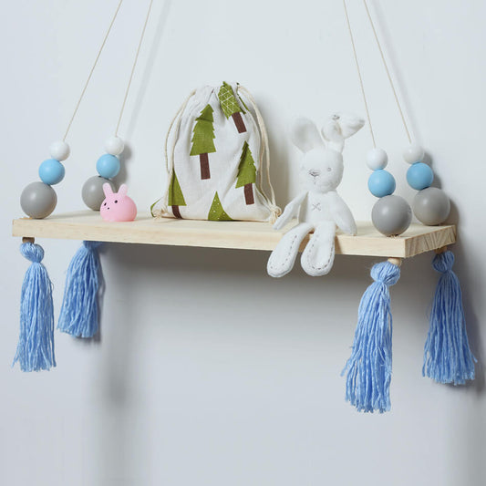Dekoratif Mavi Püsküllü Toplu Çocuk Bebek Odası Montessori Ahşap Duvar Rafı
