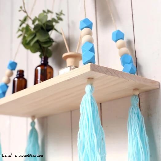 Dekoratif Mavi Püsküllü Boncuklu Çocuk Bebek Odası Montessori Ahşap Duvar Rafı