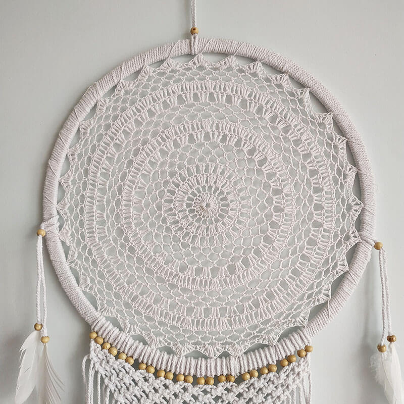 Büyük Boy El Yapımı Beyaz Renk Ahşap Boncuklu Örgülü Makrome Bohem Duvar Dekorasyonu Dream Catcher