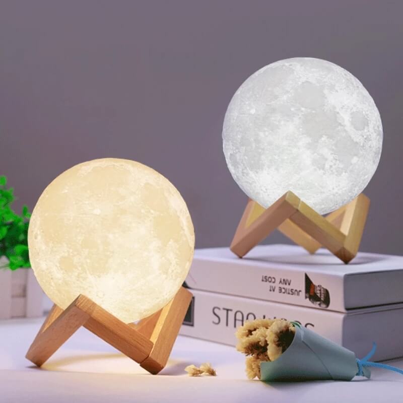 2 Renkli Ay Gece Masa Lambası 15 Cm Pilli Led Işıklı Moonlight Aydınlatma Çocuk Odası Hediyelik
