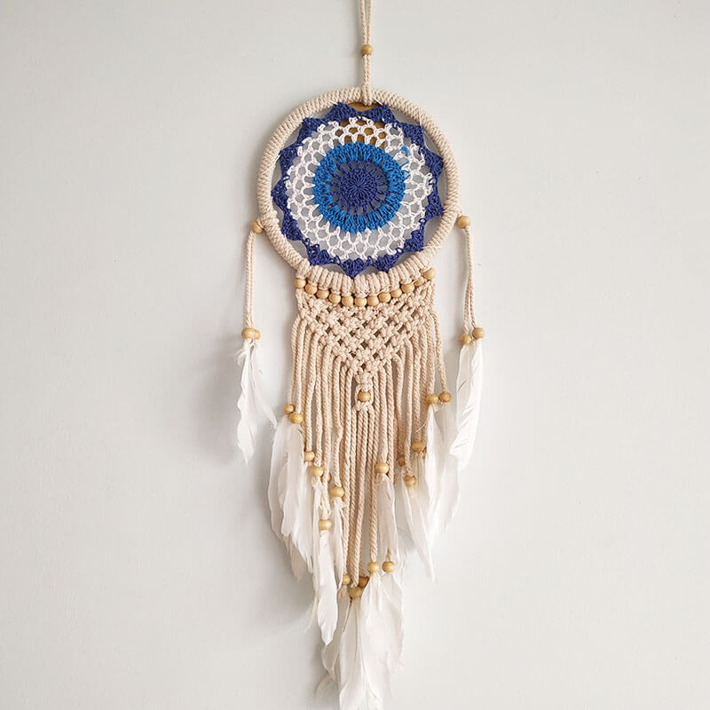 El Yapımı Nazarlık Rengi Desenli Ahşap Boncuklu Örgülü Makrome Bohem Duvar Dekorasyonu Dream Catcher