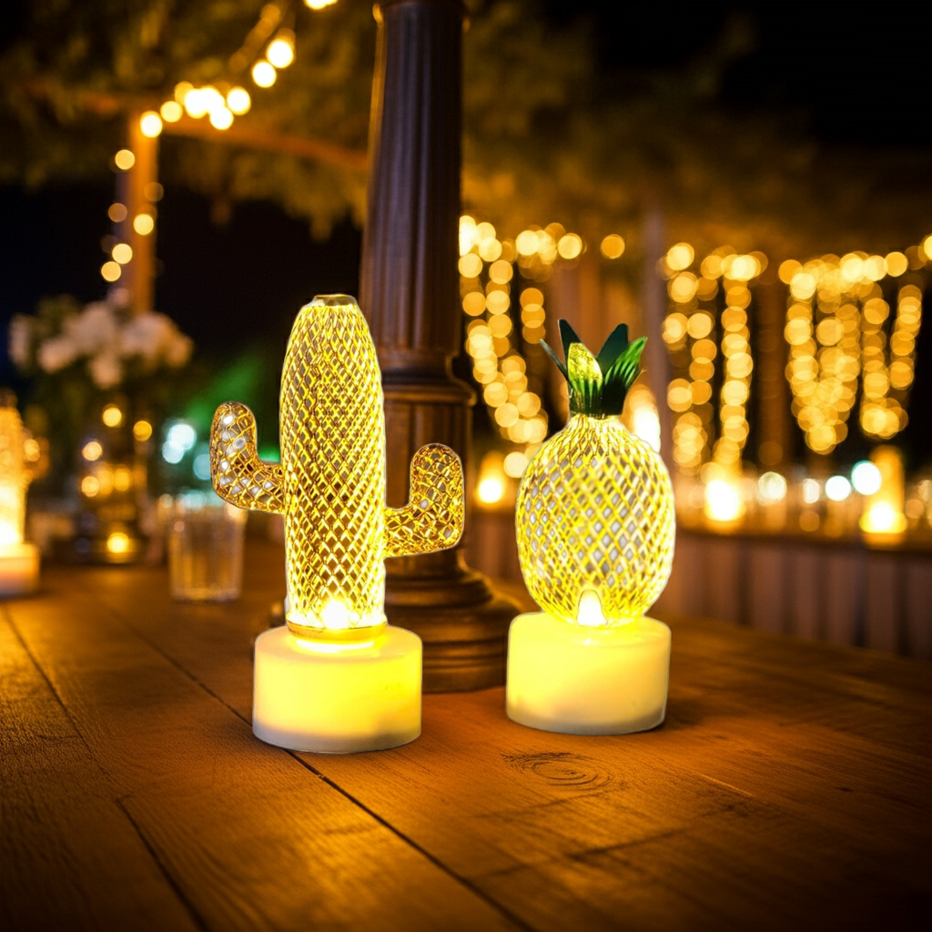 Dekoratif Led Işıklı Mini Metal Kaktüs Ve Ananas Lamba İkili Ev Oda Süsleme Organizasyon Hediyelik Aksesuar
