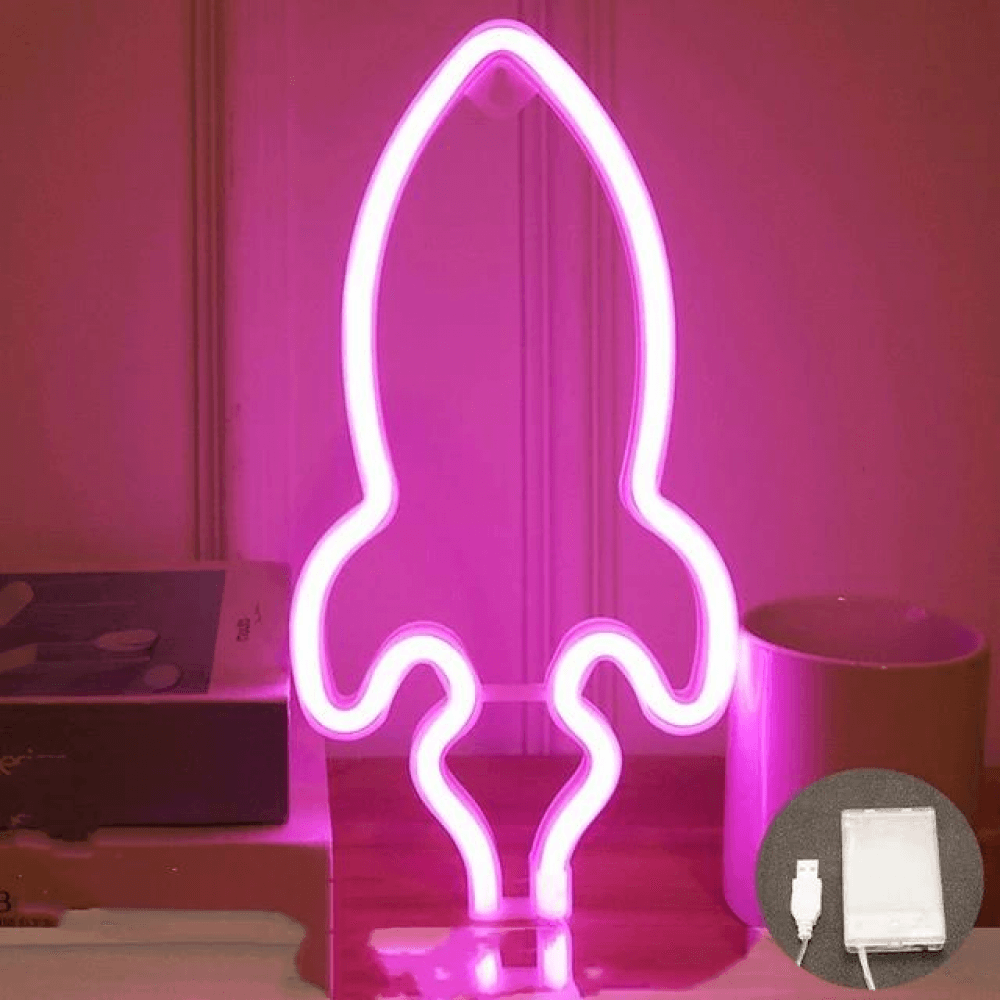 Neon Renkli Pembe Roket Pilli ve Usbli Çocuk Odası Duvar Gece Lambası