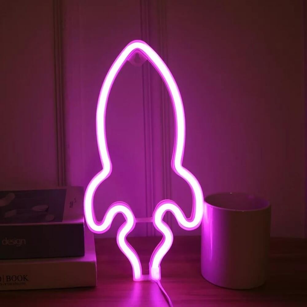 Neon Renkli Pembe Roket Pilli ve Usbli Çocuk Odası Duvar Gece Lambası