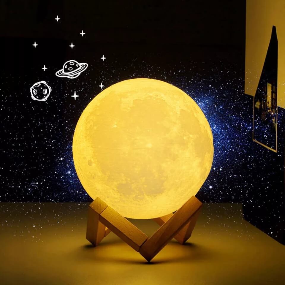 2 Renkli Ay Gece Masa Lambası 15 Cm Pilli Led Işıklı Moonlight Aydınlatma Çocuk Odası Hediyelik