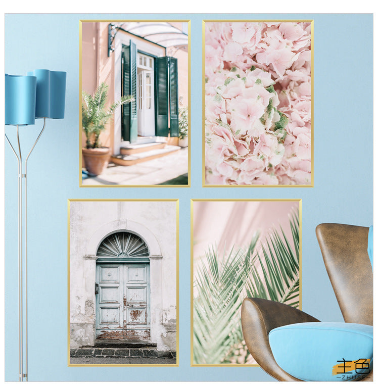Pembe Çiçekli Bohem Tarz Çerçeve görünümlü Minimalist Tablo Duvar Dekorasyon Sticker Set