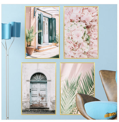 Pembe Çiçekli Bohem Tarz Çerçeve görünümlü Minimalist Tablo Duvar Dekorasyon Sticker Set