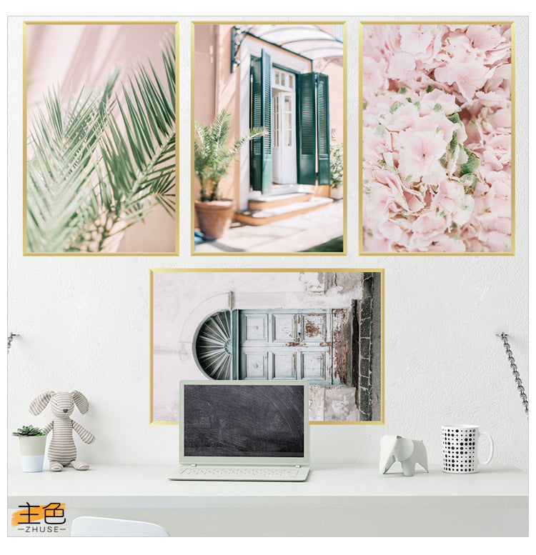 Pembe Çiçekli Bohem Tarz Çerçeve görünümlü Minimalist Tablo Duvar Dekorasyon Sticker Set