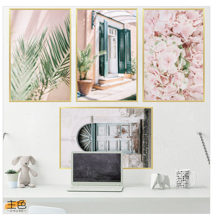 Pembe Çiçekli Bohem Tarz Çerçeve görünümlü Minimalist Tablo Duvar Dekorasyon Sticker Set