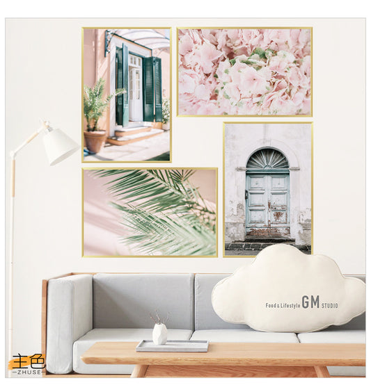 Pembe Çiçekli Bohem Tarz Çerçeve görünümlü Minimalist Tablo Duvar Dekorasyon Sticker Set