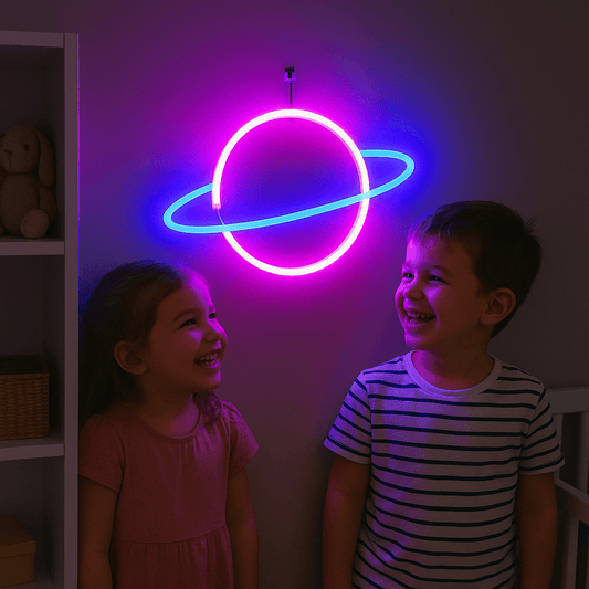 Neon Renkli Işıklı Satürn Pilli ve Usbli Çocuk Odası Duvar Gece Lambası