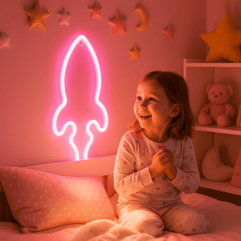 Neon Renkli Pembe Roket Pilli ve Usbli Çocuk Odası Duvar Gece Lambası