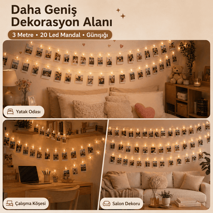 3 Metre Led Işıklı Fotoğraf Asma Mandalları Pilli Animasyonlu 20 li Zincir Dekoratif Aydınlatma