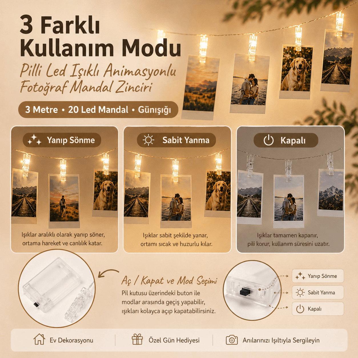 3 Metre Led Işıklı Fotoğraf Asma Mandalları Pilli Animasyonlu 20 li Zincir Dekoratif Aydınlatma