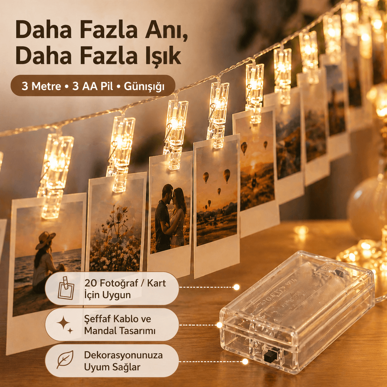 3 Metre Led Işıklı Fotoğraf Asma Mandalları Pilli Animasyonlu 20 li Zincir Dekoratif Aydınlatma