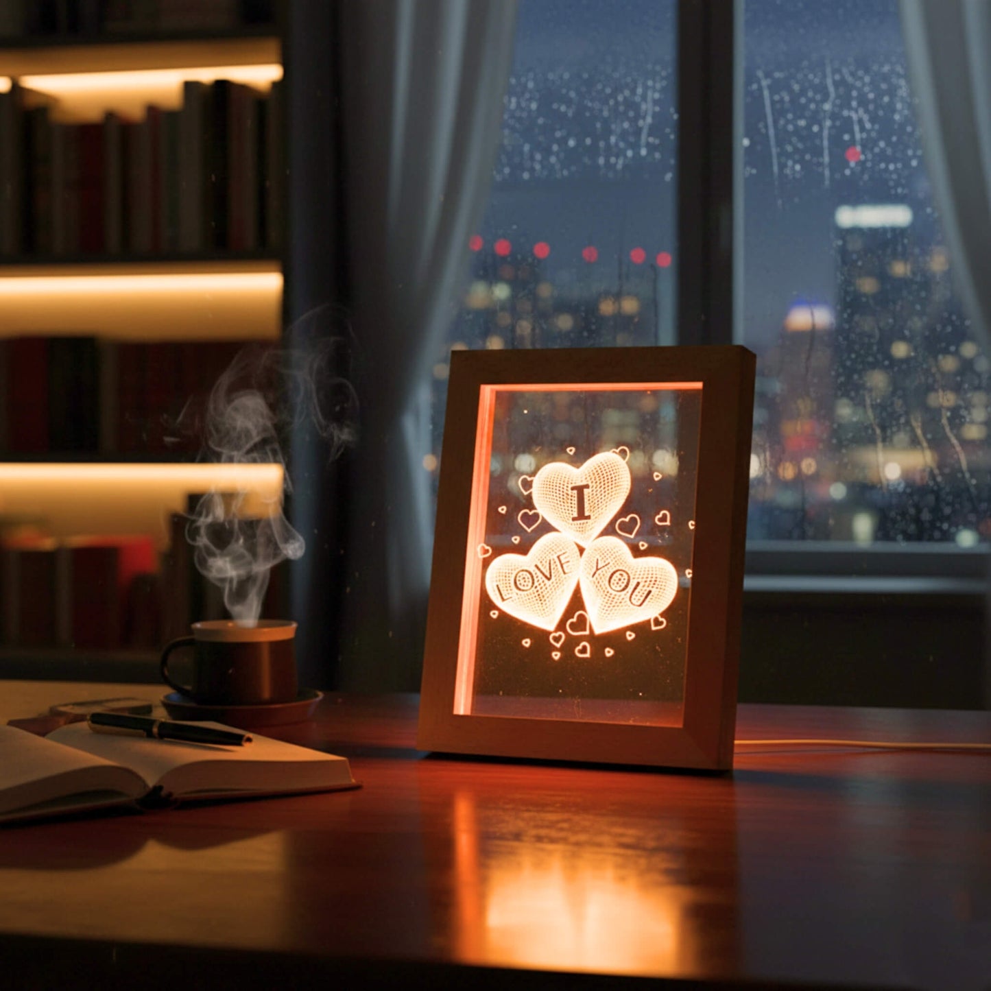 Ahşap 3D Üç Boyutlu I Love You Çerçeve Gece Masa Lambası Sevgiliye Hediye