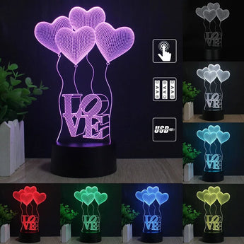 3D Üç Boyutlu Kalpli Balonlar Ve Love Gece Masa Lambası Renk Değiştiren Sevgiliye Hediye Led Işıklı