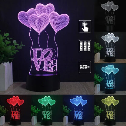 3D Üç Boyutlu Kalpli Balonlar Ve Love Gece Masa Lambası Renk Değiştiren Sevgiliye Hediye Led Işıklı