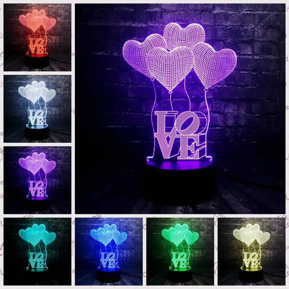 3D Üç Boyutlu Kalpli Balonlar Ve Love Gece Masa Lambası Renk Değiştiren Sevgiliye Hediye Led Işıklı