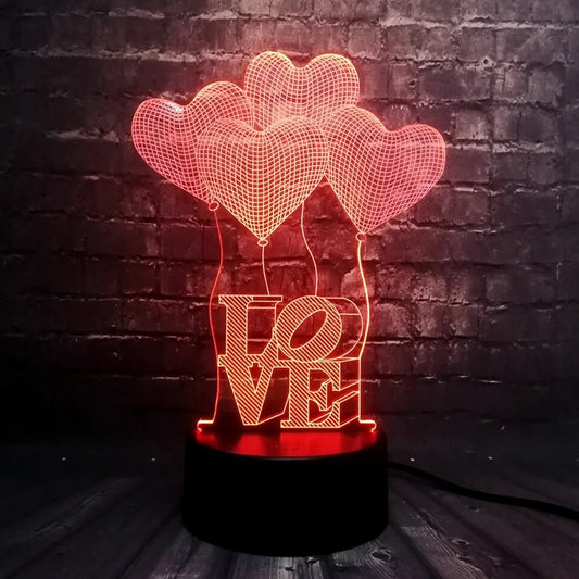 3D Üç Boyutlu Kalpli Balonlar Ve Love Gece Masa Lambası Renk Değiştiren Sevgiliye Hediye Led Işıklı