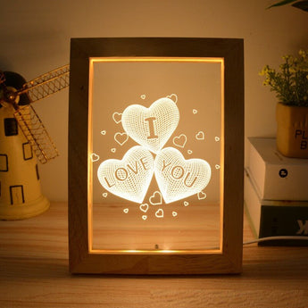 Ahşap 3D Üç Boyutlu I Love You Çerçeve Gece Masa Lambası Sevgiliye Hediye