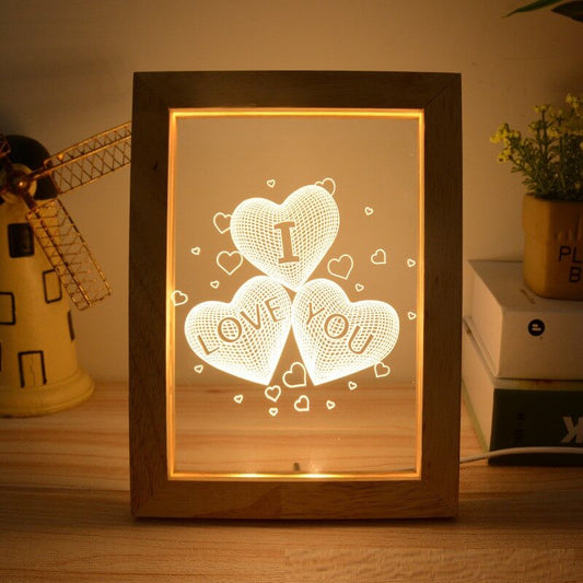 Ahşap 3D Üç Boyutlu I Love You Çerçeve Gece Masa Lambası Sevgiliye Hediye