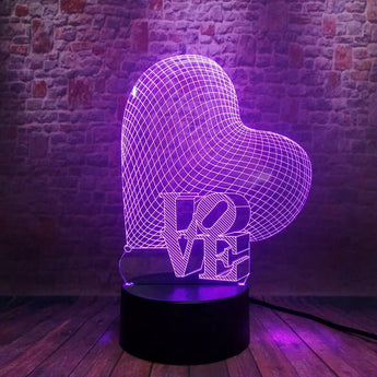 3D Üç Boyutlu Kalpli Love Gece Masa Lambası Renk Değiştiren Sevgiliye Hediye Led Işıklı