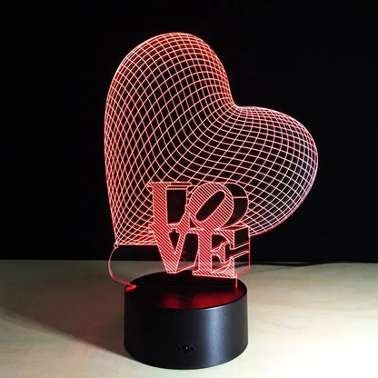 3D Üç Boyutlu Kalpli Love Gece Masa Lambası Renk Değiştiren Sevgiliye Hediye Led Işıklı