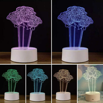 3D Üç Boyutlu Güllü Gece Masa Lambası Renk Değiştiren Sevgiliye Hediye Led Işıklı