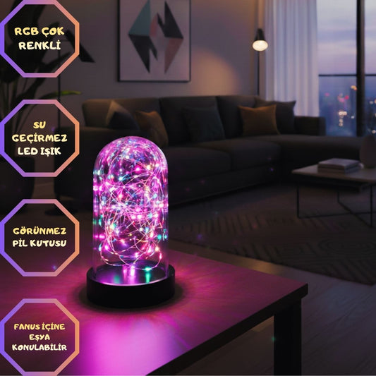 Led Işıklı Ters Fanus 3 Metre Peri Tel ile Birlikte Rgb Renkli Teraryum Dekoratif Organizasyon Süsleme Hediye