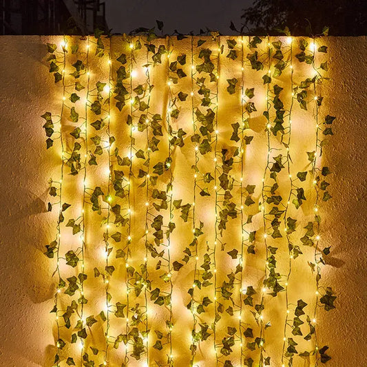 3 metre Led Işıklı Sarmaşık Yapay Yeşil Şerit Yaprak Dekoratif Süsleme Peri Tel led Ampul