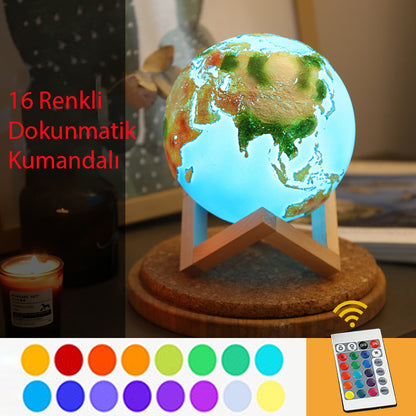 Kabartmalı Dünya Gece Masa Lambası Dokunmatik 16 Renkli Kumandalı 3D Aydınlatma Led Işıklı Hediyelik