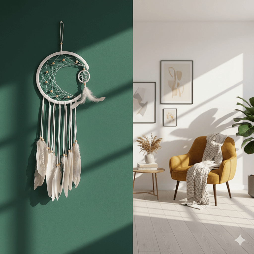 El Yapımı Tüylü Ve Boncuklu Beyaz Hilal Düş Kapanı Ev Bohem Duvar Süsü Dekorasyonu Dream Catcher