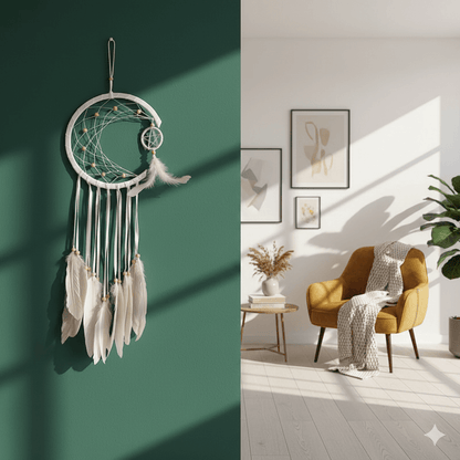 El Yapımı Tüylü Ve Boncuklu Beyaz Hilal Düş Kapanı Ev Bohem Duvar Süsü Dekorasyonu Dream Catcher