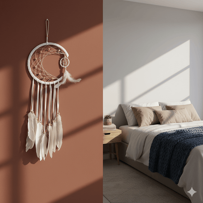 El Yapımı Tüylü Ve Boncuklu Beyaz Hilal Düş Kapanı Ev Bohem Duvar Süsü Dekorasyonu Dream Catcher